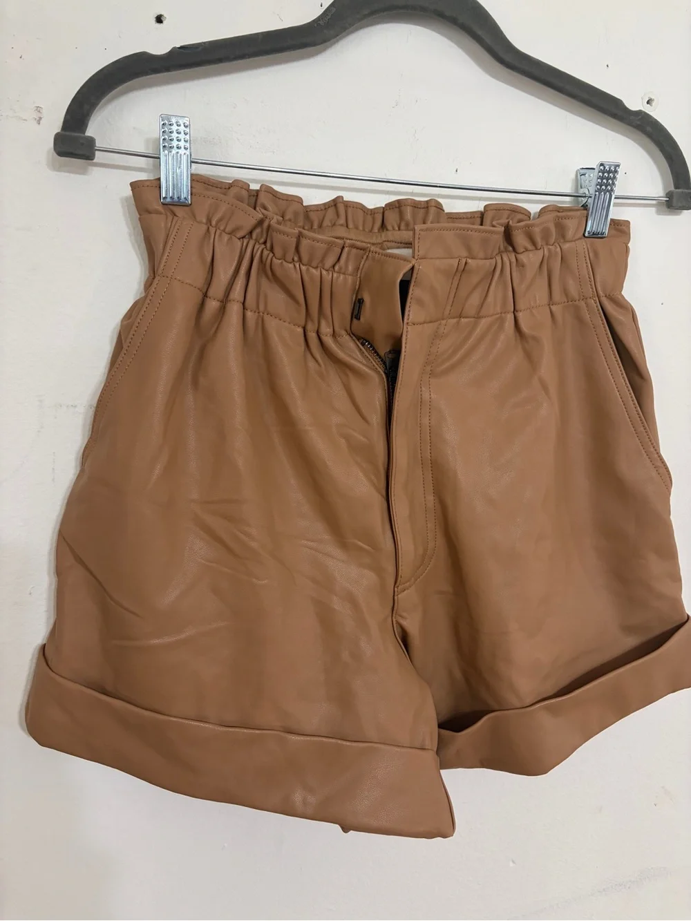 Abercrombie & Fitch Tan High-Waist Faux Leather Paperbag Shorts